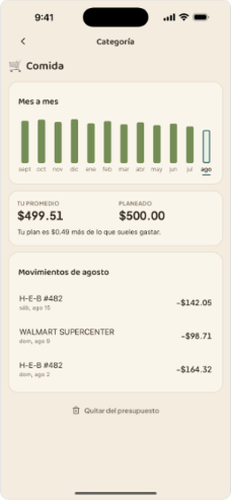 Pantalla de la app con los gastos agrupados por categoría