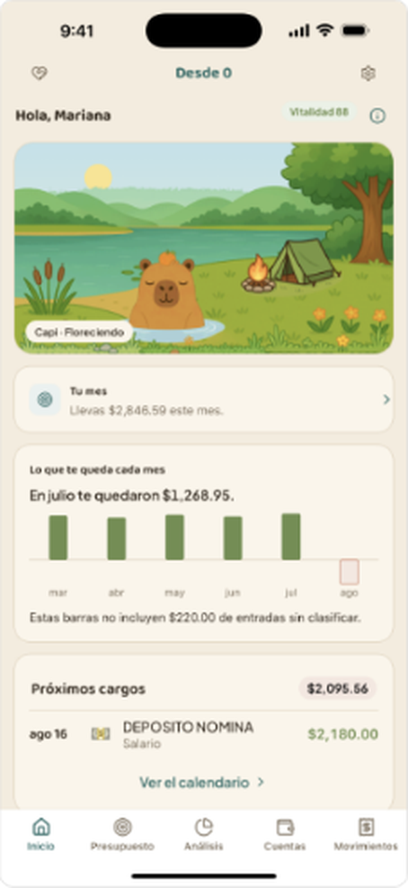 Pantalla de inicio de la app Desde 0 mostrando el saldo del mes y los gastos recientes
