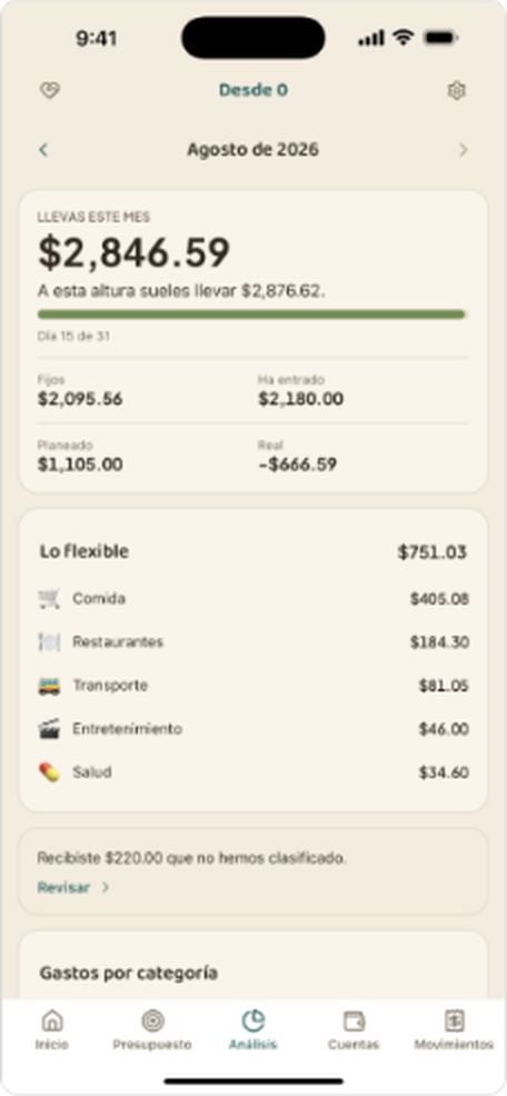 Pantalla de la app con el análisis mensual de gastos