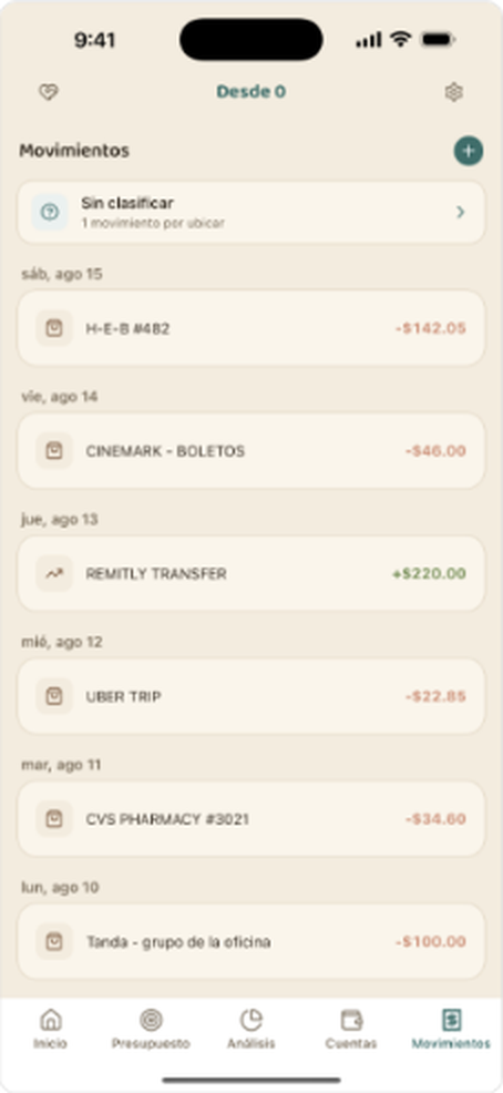 Vista general de la app Desde 0 con el resumen del mes