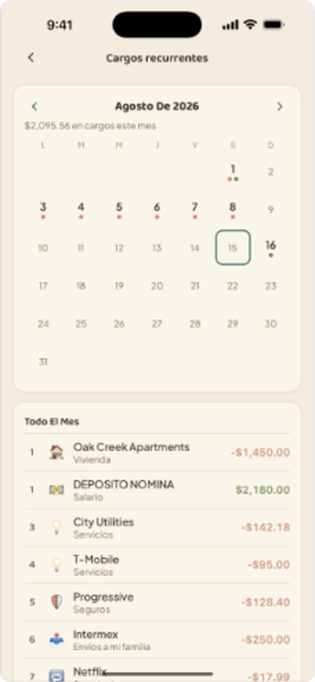Pantalla de la app con el calendario de pagos próximos