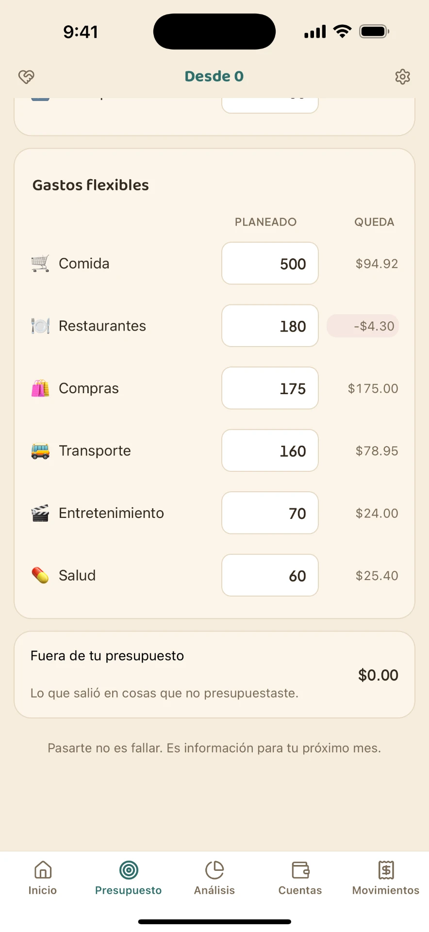 Pantalla de la app mostrando una categoría por encima del presupuesto