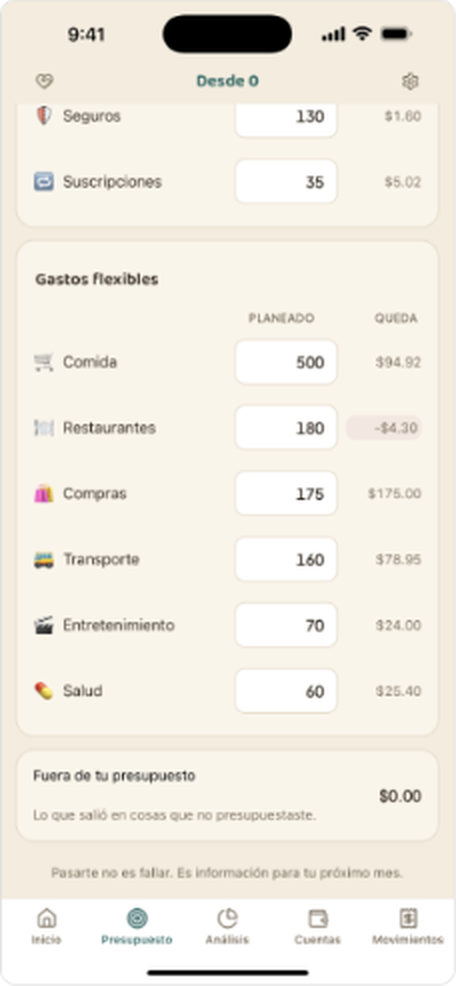 Pantalla de la app mostrando una categoría por encima del presupuesto