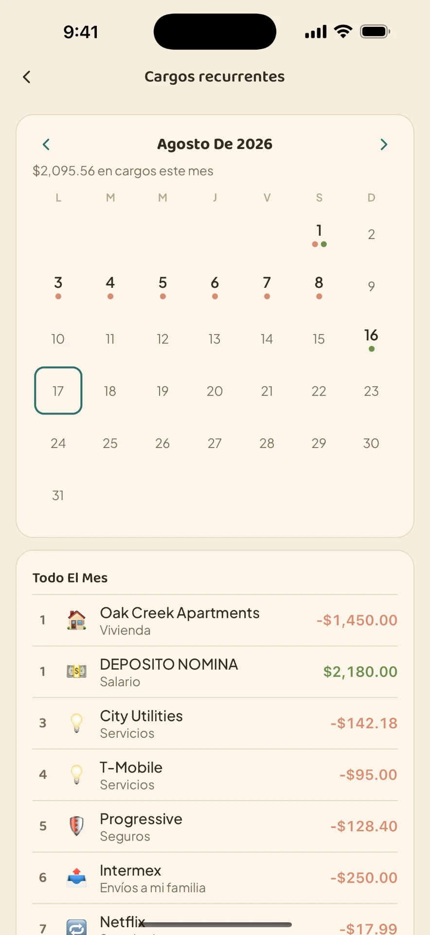 Pantalla de la app con el calendario de pagos próximos