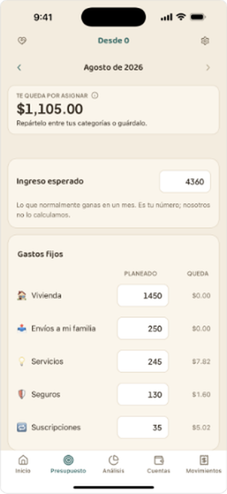 Pantalla de la app con el presupuesto mensual por categoría